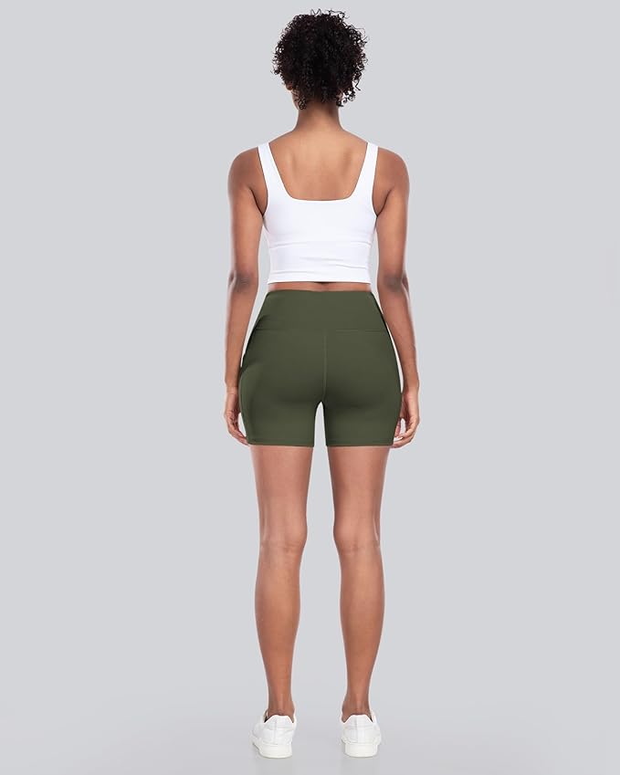 CHRLEISURE Womens Biker Yoga Shorts with Pocket, High Waisted Tummy Control 5 Inch Workout Spandex Athletic Gym Shorts