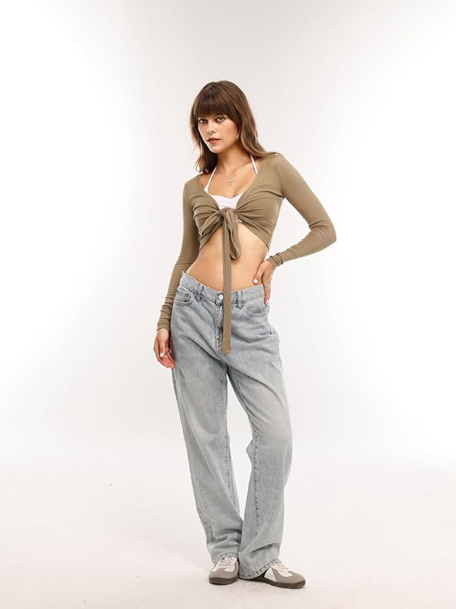 Danysu Ballet Wrap Tops Long Sleeve Cross Tie Crop Shirts Deep V-Neck Dance Clothes Fall Cardigans