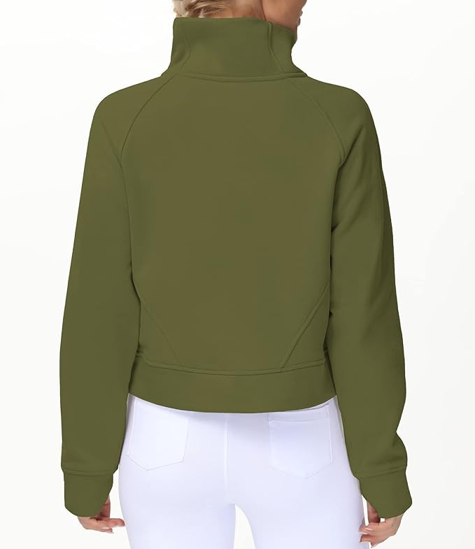 THE GYM PEOPLE Womens' Half Zip Pullover Fleece Stand Collar Crop Sweatshirt with Pockets Thumb Hole