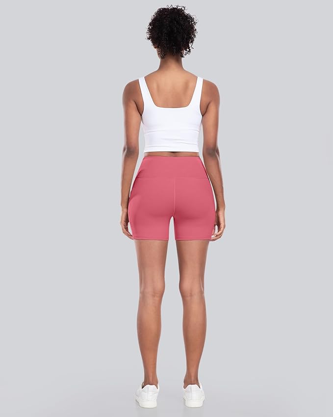 CHRLEISURE Womens Biker Yoga Shorts with Pocket, High Waisted Tummy Control 5 Inch Workout Spandex Athletic Gym Shorts