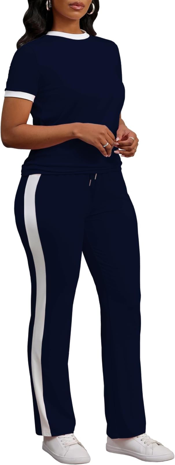PINSV Women's 2 Piece Outfits Short Sleeve Tops Sweatpants Colorblock Bodycon Lounge Sets Tracksuit