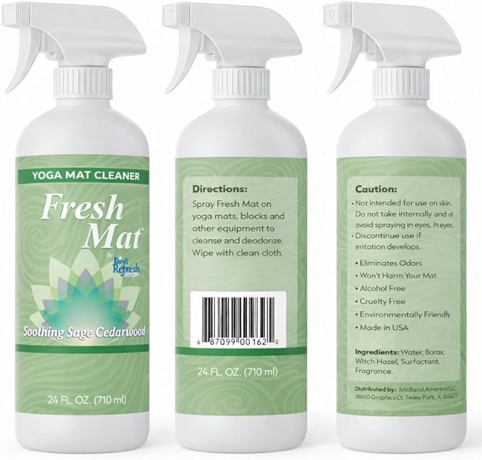 Fresh Mat Yoga Mat Cleaner Spray - Natural Deodorizing Cleaner for Yoga Mats & Fitness Equipment - No-Rinse, Residue-Free Formula with Witch Hazel & Essential Oil, Soothing Sage Cedarwood (24 fl oz).