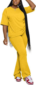 PINSV Women 2 Piece Outfits Short Sleeve Top and Flare Pants Lounge Sets Tracksuit