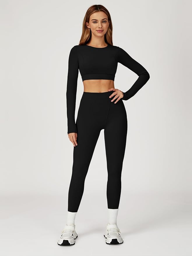 Women’s 2 Piece Workout Set Long Sleeve Crop Top & High Waist Leggings | Stretch Activewear for Gym & Yoga