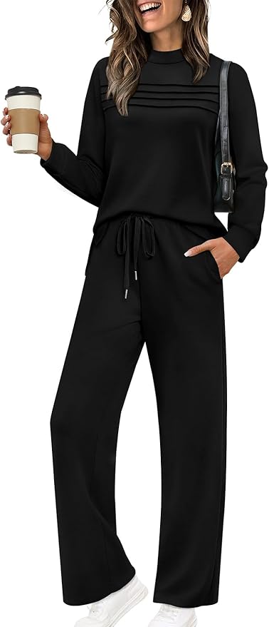 WIHOLL Two Piece Sets for Women Spring Travel Vacation Outfits 2026 Long Sleeve Lounge Sets Side Slit Wide Leg Pants S-3XL