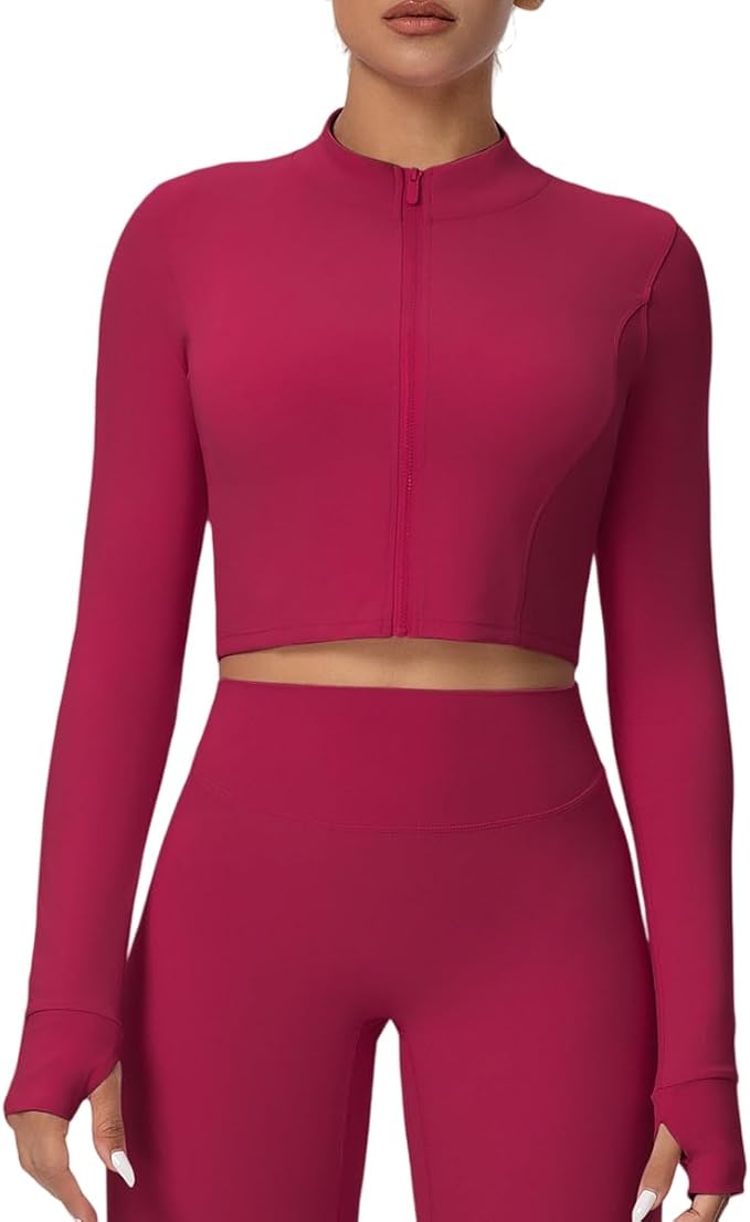 Yknktstc Womens Full Zip Athletic Jacket with Thumbhole Long Sleeve Crop Top Running Workout Yoga Sportswear Shirt