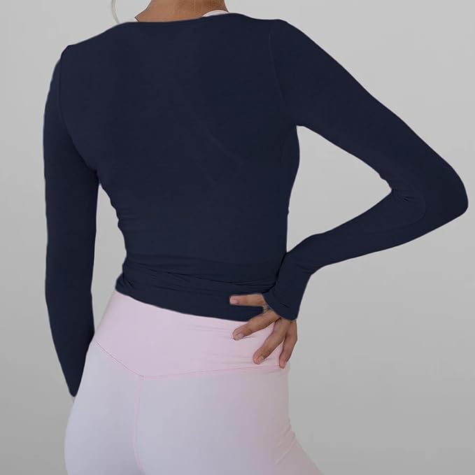 Women Wrap Top Long Sleeve Deep V Neck Cross Tie Workout Ballet Pilates Yoga Shirt