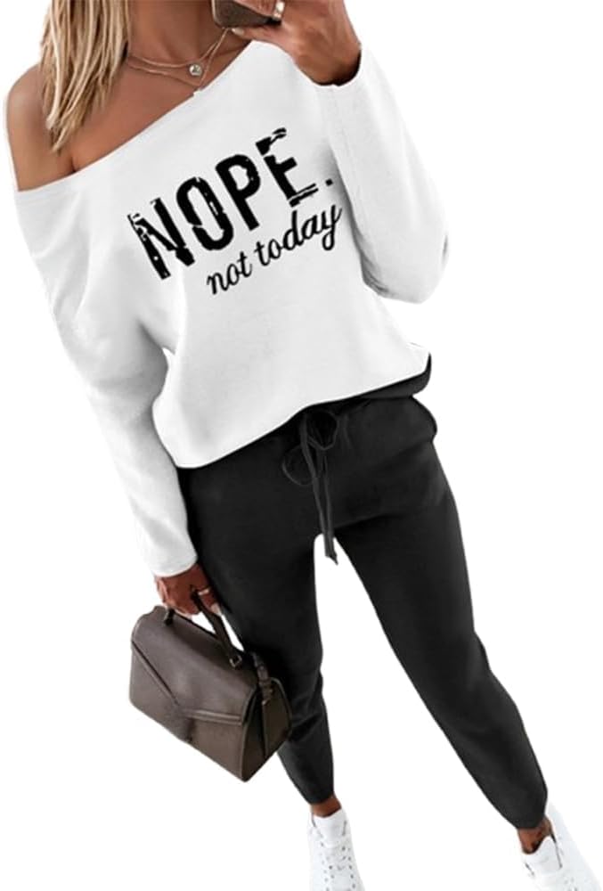 CHICME Women Tracksuit Fall 2 piece Outfits Off The Shoulder Long Sleeve Tops and Pants Set Travel Outfits