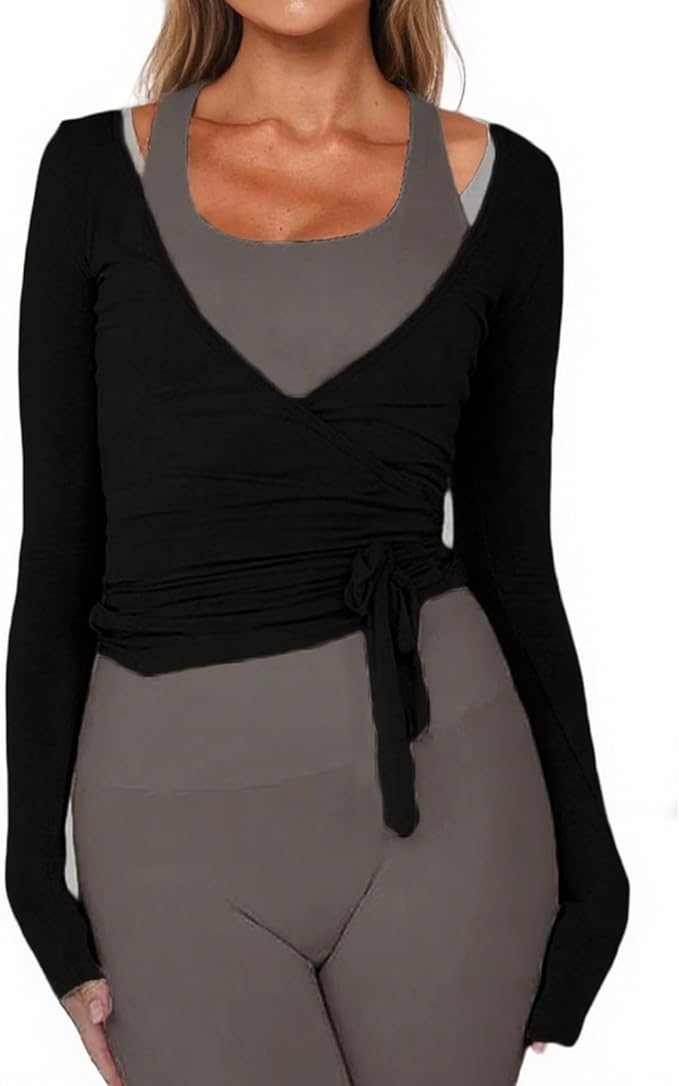 Women Ballet Wrap Top Long Sleeve Self Tie Dance Shirt Pilates Yoga Tops Y2k Workout Active Blouses