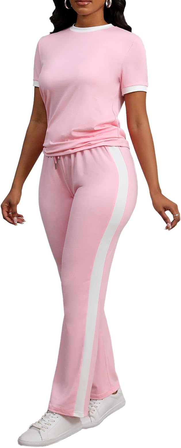 PINSV Women's 2 Piece Outfits Short Sleeve Tops Sweatpants Colorblock Bodycon Lounge Sets Tracksuit
