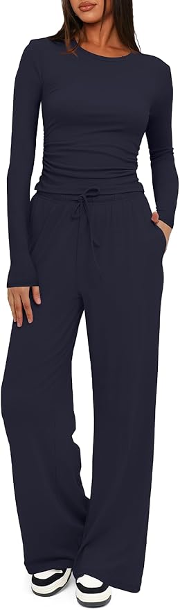 Darong Women's 2 Piece Outfits Lounge Sets 2026 Long Sleeve Tops Wide Leg Pants Casual Matching Set