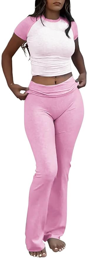 YETOWA Women's 2 Piece Lounge Outfits Slim Short Sleeve Tops Low Rise Flare Leggings Sets Yoga Sweatsuit