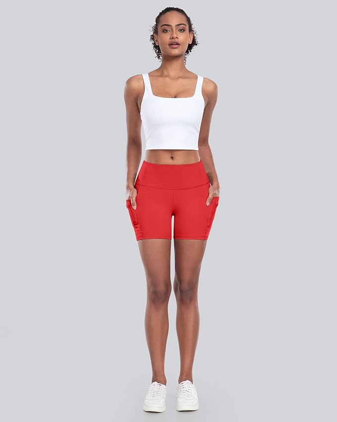 CHRLEISURE Womens Biker Yoga Shorts with Pocket, High Waisted Tummy Control 5 Inch Workout Spandex Athletic Gym Shorts