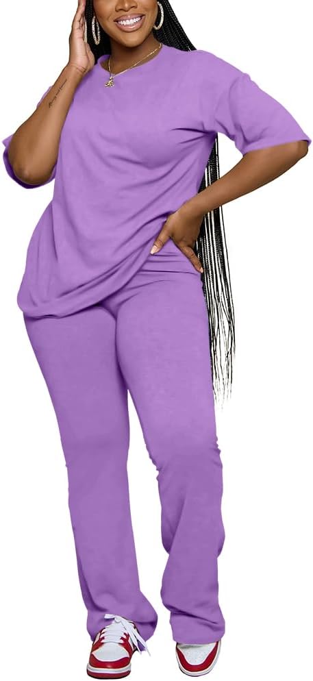 PINSV Women 2 Piece Outfits Short Sleeve Top and Flare Pants Lounge Sets Tracksuit