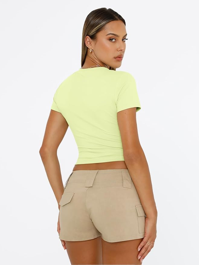 Trendy Queen Womens Short Sleeve T Shirts - Buttery Soft Summer Crop Tops Slim Fit Y2k Basic Tees for Workout