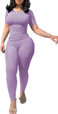 PINSV 2 Piece Sets for Women Summer Casual Jogger Workout Outfits Fitted Crew Neck T-shirt High Waist Legging Sets