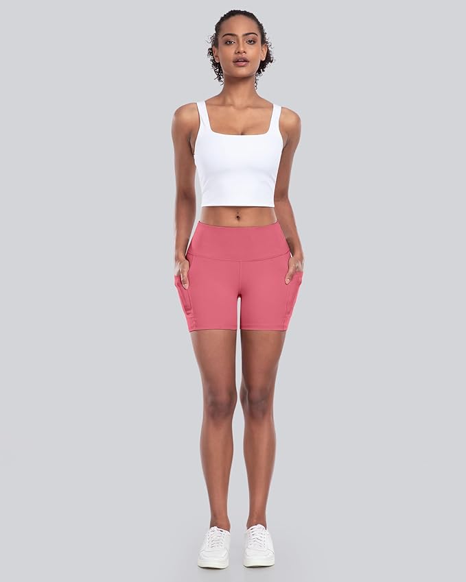 CHRLEISURE Womens Biker Yoga Shorts with Pocket, High Waisted Tummy Control 5 Inch Workout Spandex Athletic Gym Shorts