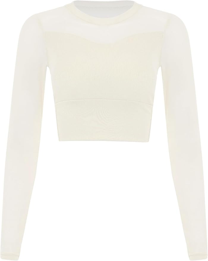 Womens Sheer Patchwork Yoga Shirt Long Sleeve Crew Neck Crop Top for Pilates Dance Workout