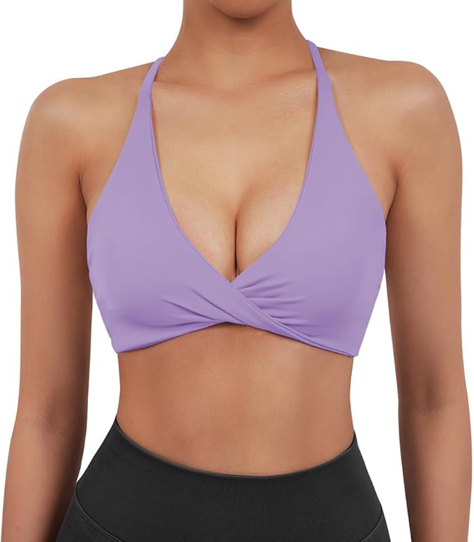 SUUKSESS Women 2 Piece Open Back Strappy Sports Bra Pack Twist V Neck Workout Crops