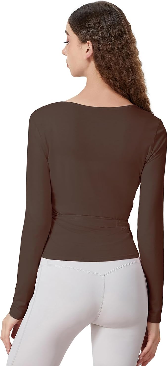 Women Wrap Tie Top Y2k Long SLeeve Ballet Workout Yoga Shirt Coquette Blouses