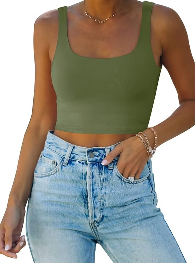 REORIA Women’s Sexy Square Neck Double Lined Seamless Sleeveless Cropped Tank Yoga Crop Basic Tops