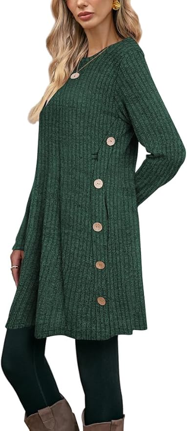 Poetsky Women Long Sleeve Tunic Tops to Wear with Leggings Side Buttons Long Shirts Rib Sweater Dress with Pockets S-3XL