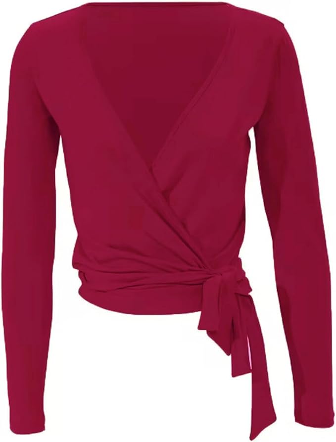Women Wrap Tie Top Y2k Long SLeeve Ballet Workout Yoga Shirt Coquette Blouses