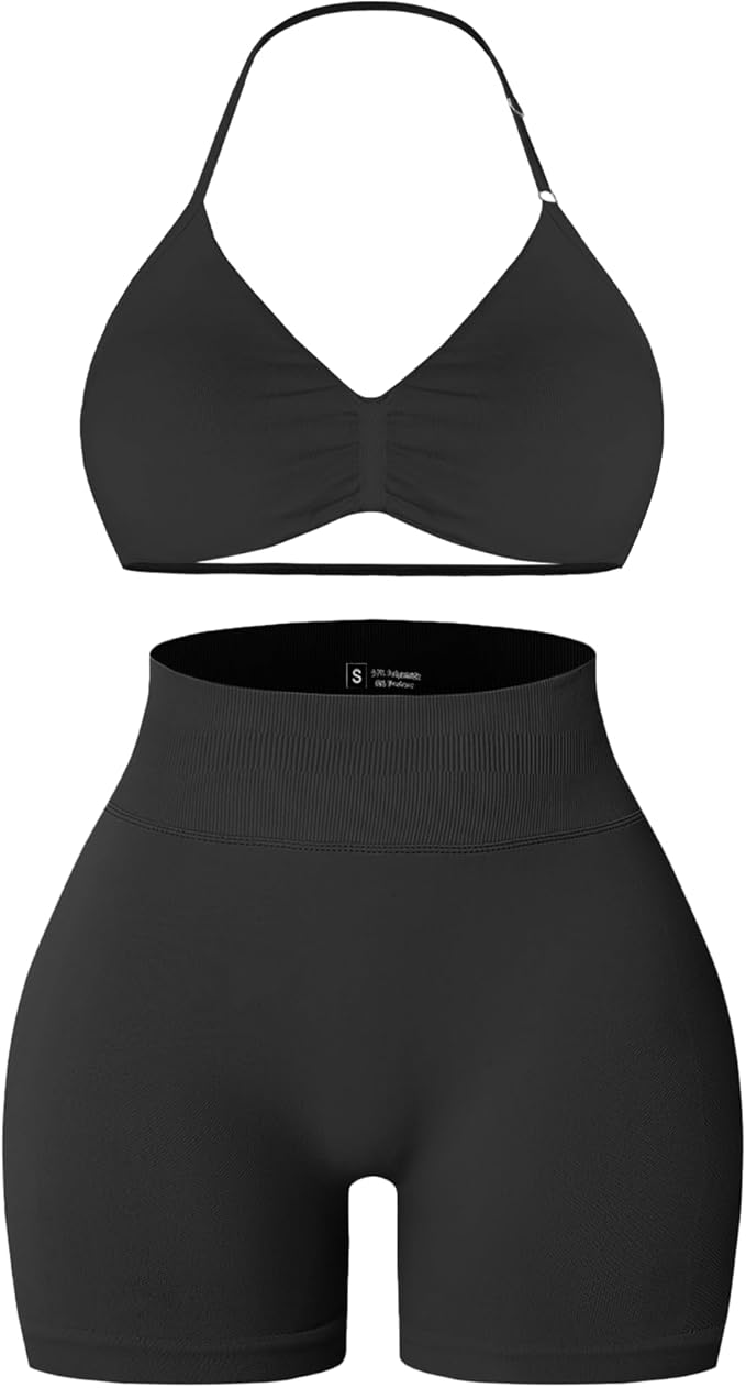Comper 2 Piece Workout Sets for Women Halter Strappy Sports Bra with Seamless Ribbed Gym Yoga shorts Outfits