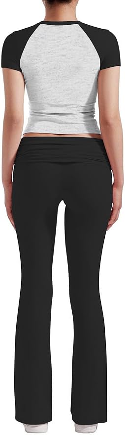 YETOWA Women's 2 Piece Lounge Outfits Slim Short Sleeve Tops Low Rise Flare Leggings Sets Yoga Sweatsuit