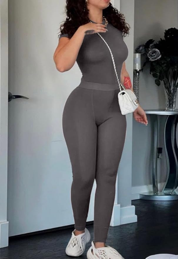 AYWA Two Piece Outfits for Women Fitted Crew Neck T-shirt High Waist Leggings Biker Shorts Matching Sets Streetwear