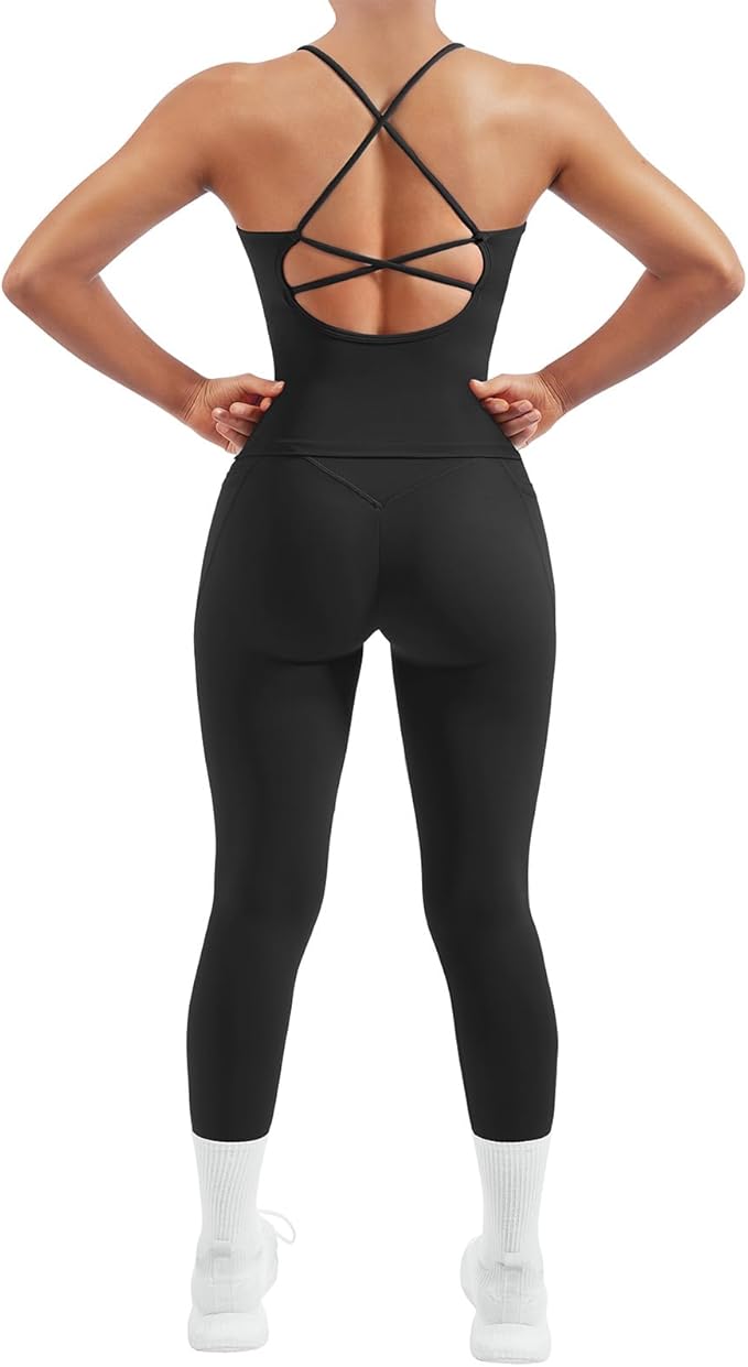 SUUKSESS Women 2 Piece Workout Sets Padded Tank Tops Tummy Control Leggings Gym Outfits