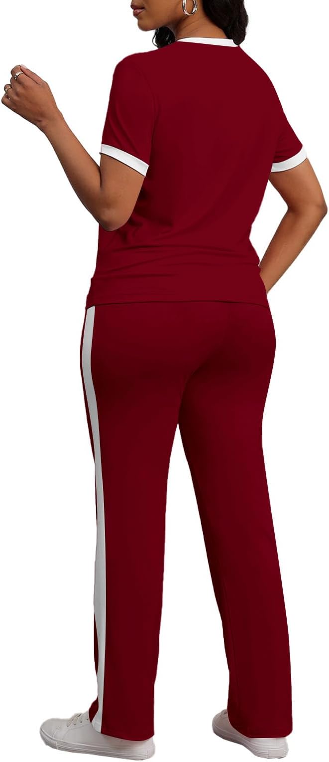 PINSV Women's 2 Piece Outfits Short Sleeve Tops Sweatpants Colorblock Bodycon Lounge Sets Tracksuit
