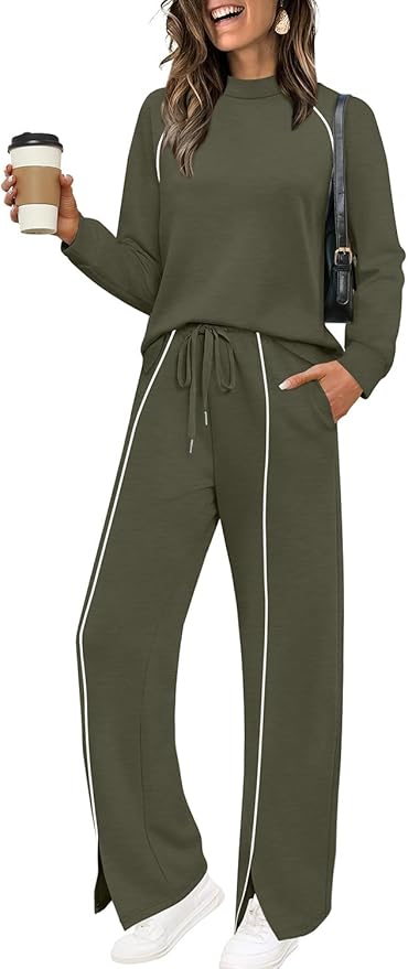 WIHOLL Lounge Sets for Women 2 Piece Fall Outfits 2025 Wide Leg Pant Matching Sets Womens Clothing