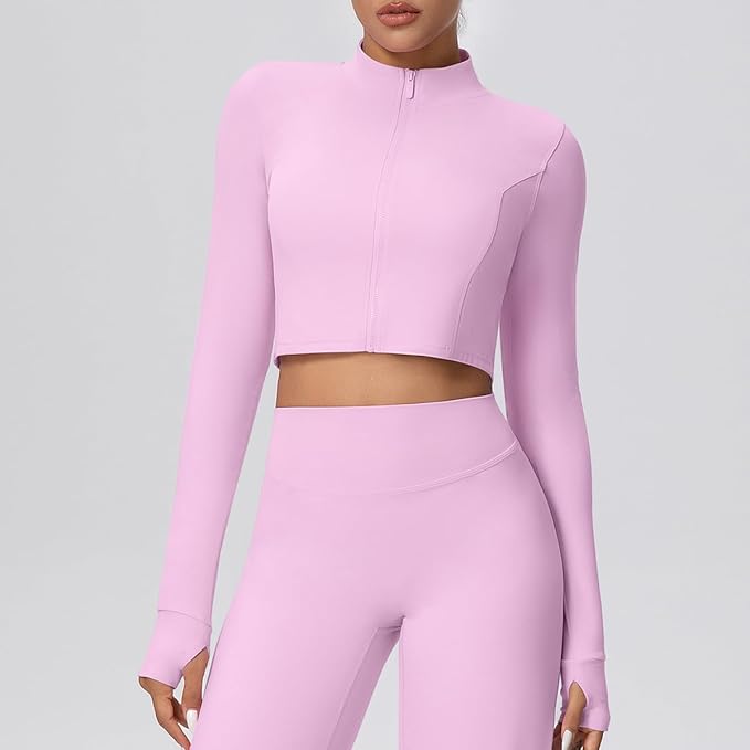 Yknktstc Womens Full Zip Athletic Jacket with Thumbhole Long Sleeve Crop Top Running Workout Yoga Sportswear Shirt