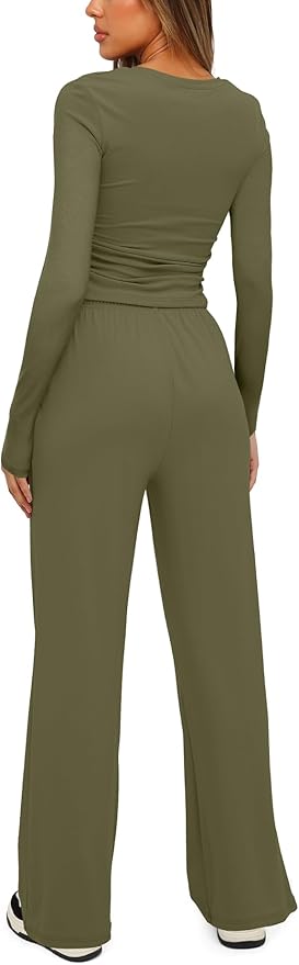 Darong Women's 2 Piece Outfits Lounge Sets 2026 Long Sleeve Tops Wide Leg Pants Casual Matching Set