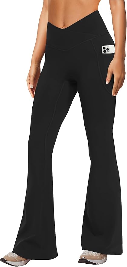 DLOODA Women's Yoga Pants with Pockets No Front Seam Crossover High Waisted Flare Leggings Tummy Control Bootcut Pants