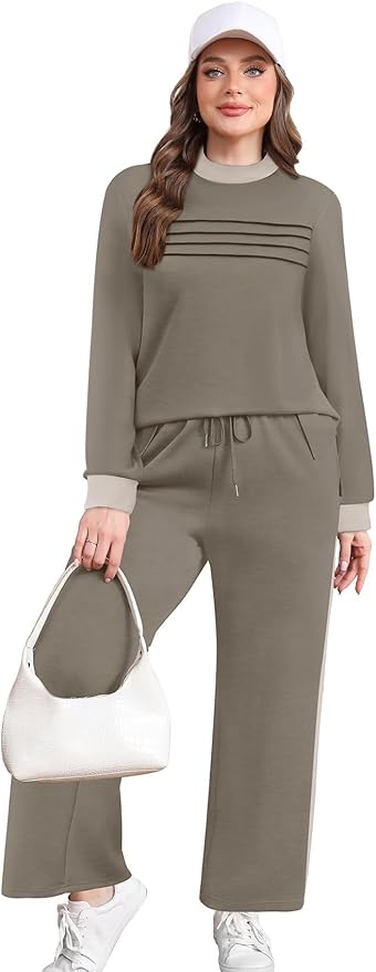 WIHOLL Two Piece Sets for Women Spring Travel Vacation Outfits 2026 Long Sleeve Lounge Sets Side Slit Wide Leg Pants S-3XL