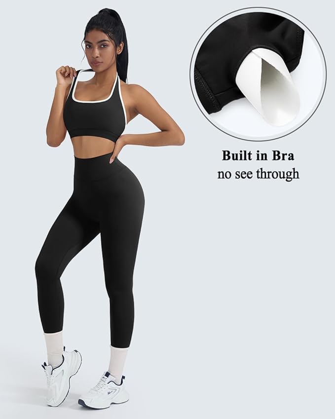 OMKAGI 2 Piece Workout Sets for Women Halter Sports Bras Gym Sets Booty Leggings Outfits