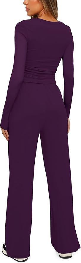 Darong Women's 2 Piece Outfits Lounge Sets 2026 Long Sleeve Tops Wide Leg Pants Casual Matching Set