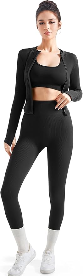SUUKSESS Women 2 Piece Seamless Ribbed Workout Sets With Zip Up Jacket High Waisted Gym Yoga Leggings