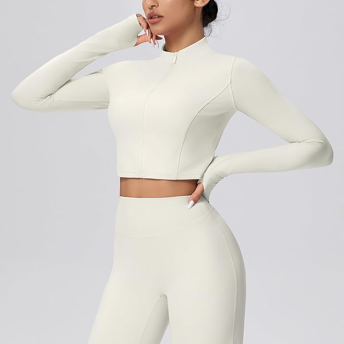 Yknktstc Womens Full Zip Athletic Jacket with Thumbhole Long Sleeve Crop Top Running Workout Yoga Sportswear Shirt