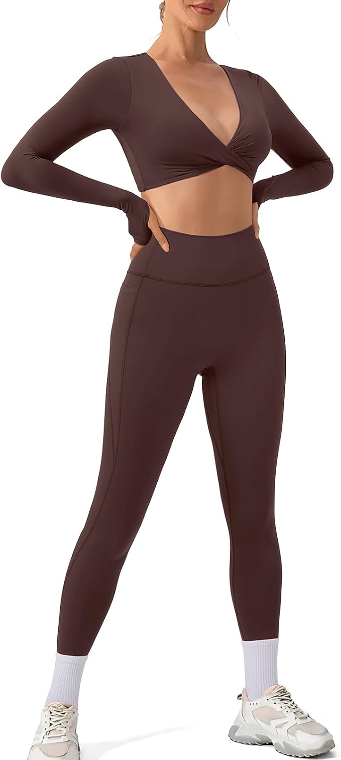SUUKSESS Women 2 Piece Workout Sets Long Sleeve Twist Deep V Crop Padded Tops Yoga Leggings with Side Pockets
