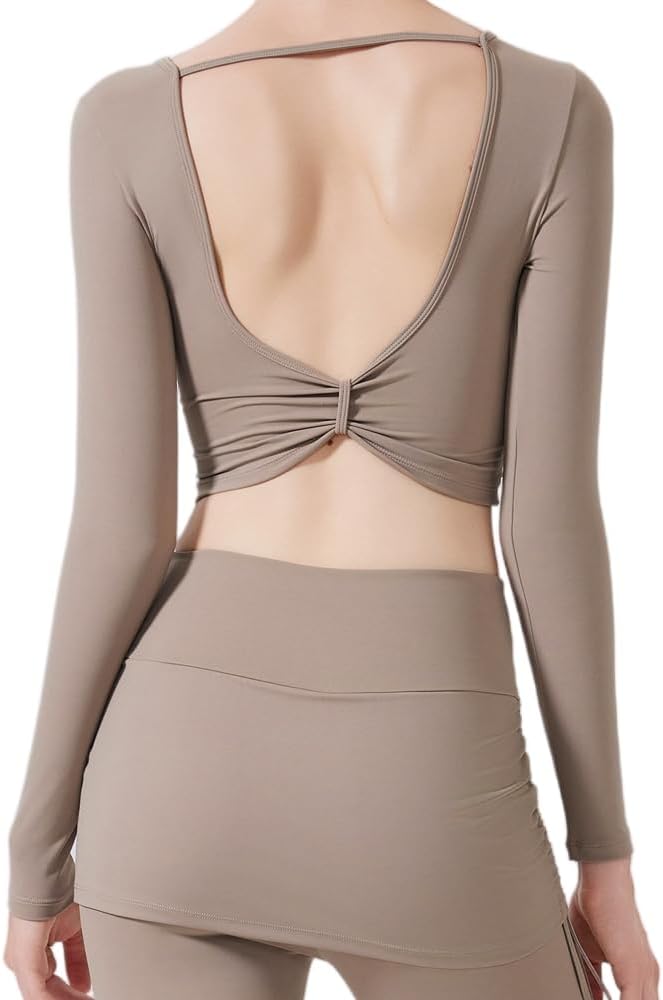 Harssidanzar Women's Backless Yoga Tops 2 in 1 Long Sleeve with Sports Bra for Gym Athletic CL313US