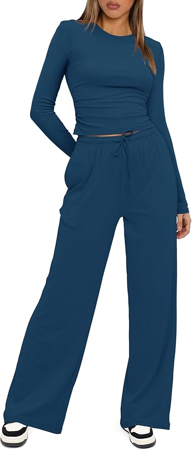 Darong Women's 2 Piece Outfits Lounge Sets 2026 Long Sleeve Tops Wide Leg Pants Casual Matching Set