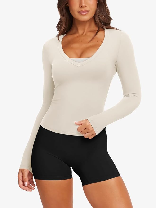 LASLULU Womens Long Sleeve Sexy V Neck T Shirts Basic Workout Tops Athletic Yoga Casual Crop Top