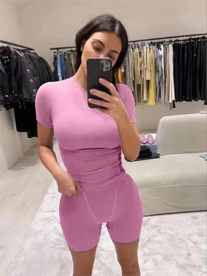 AYWA Two Piece Outfits for Women Fitted Crew Neck T-shirt High Waist Leggings Biker Shorts Matching Sets Streetwear