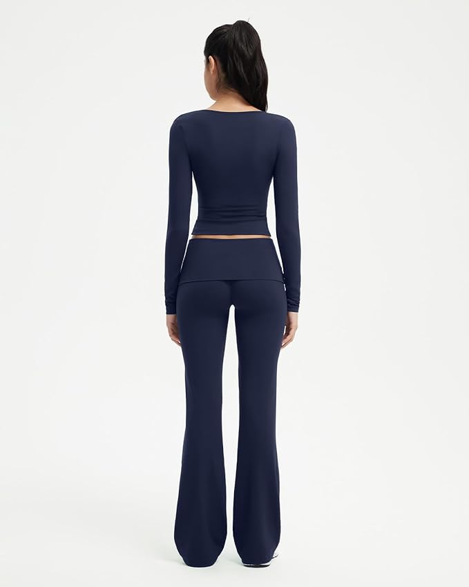 SUUKSESS Women 2 pieces Lounge Sets Long Sleeve V Neck Tops Fold Over Flare Leggings