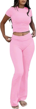 YETOWA Women's 2 Piece Lounge Outfits Slim Short Sleeve Tops Low Rise Flare Leggings Sets Yoga Sweatsuit