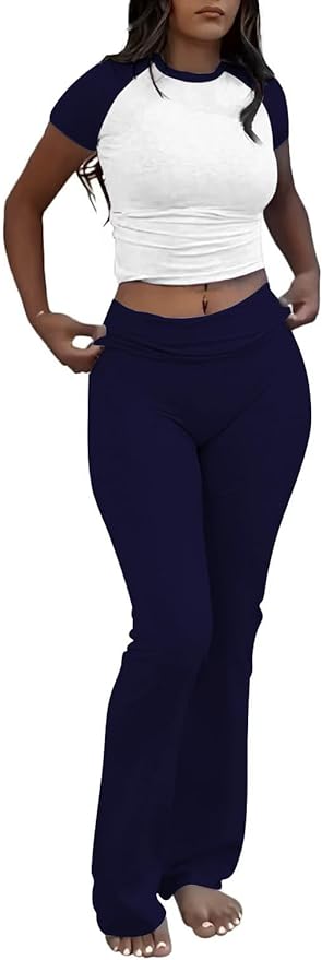 ZFLM Casual Workout Two Piece Outfits for Women Short Sleeve Crop High Waist Foldover Flare Pants Tracksuit Sets Streetwear