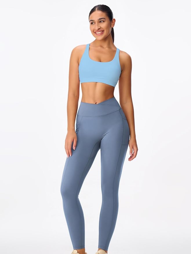 Women's Strappy Sports Bras Light Compression Crop Criss Cross Back Padded Workout Yoga Bra Supportive U Neckline